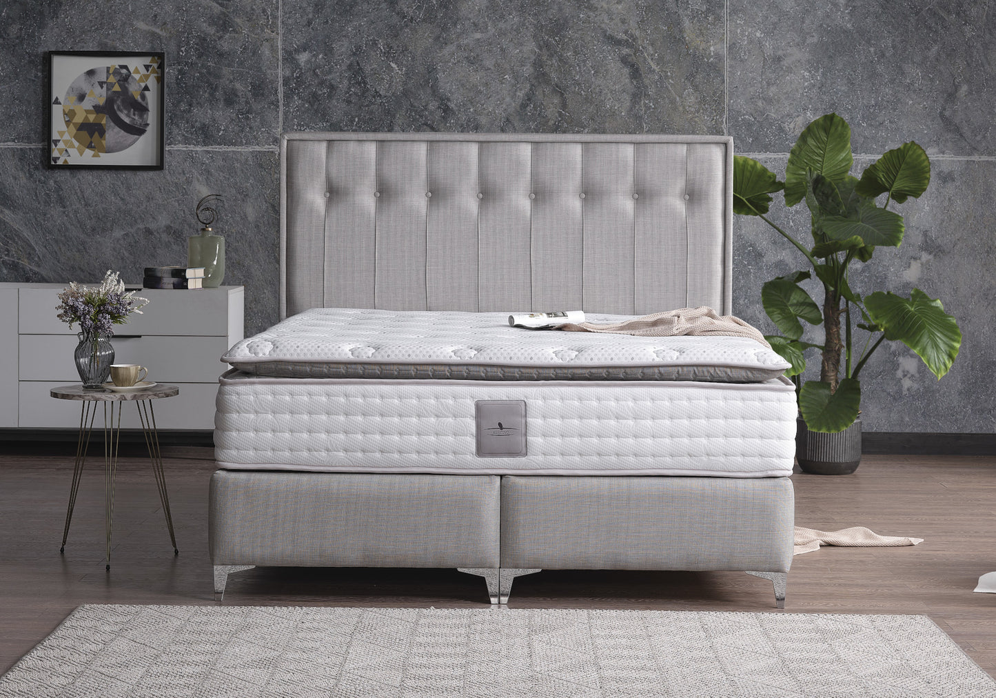 Base de lit avec matelas orthopédique complet gris ANGEL