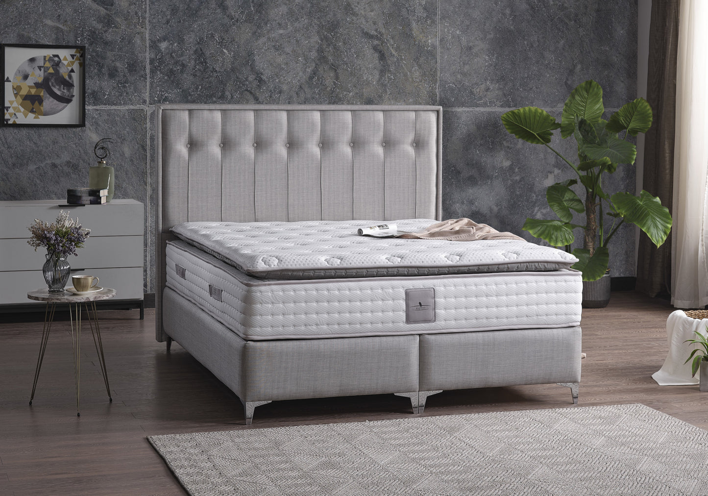 Base de lit avec matelas orthopédique complet gris ANGEL