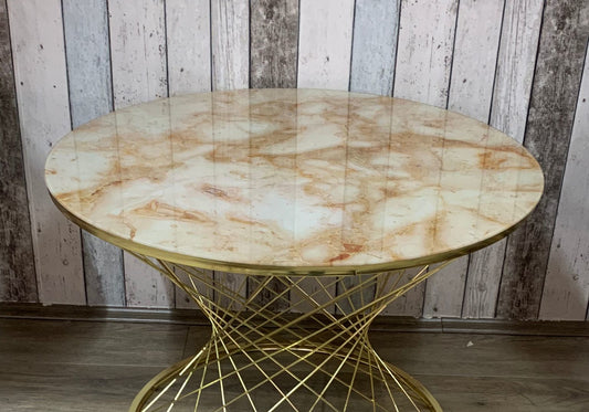 Table Basse en Fil de Paille Marbre Jaune Métal Doré MOTIF