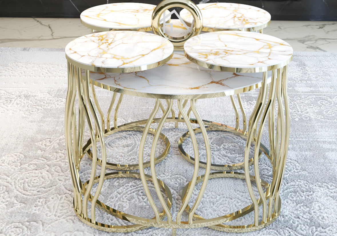 Table basse ronde en marbre jaune doré 4 + 1 ELEGANT