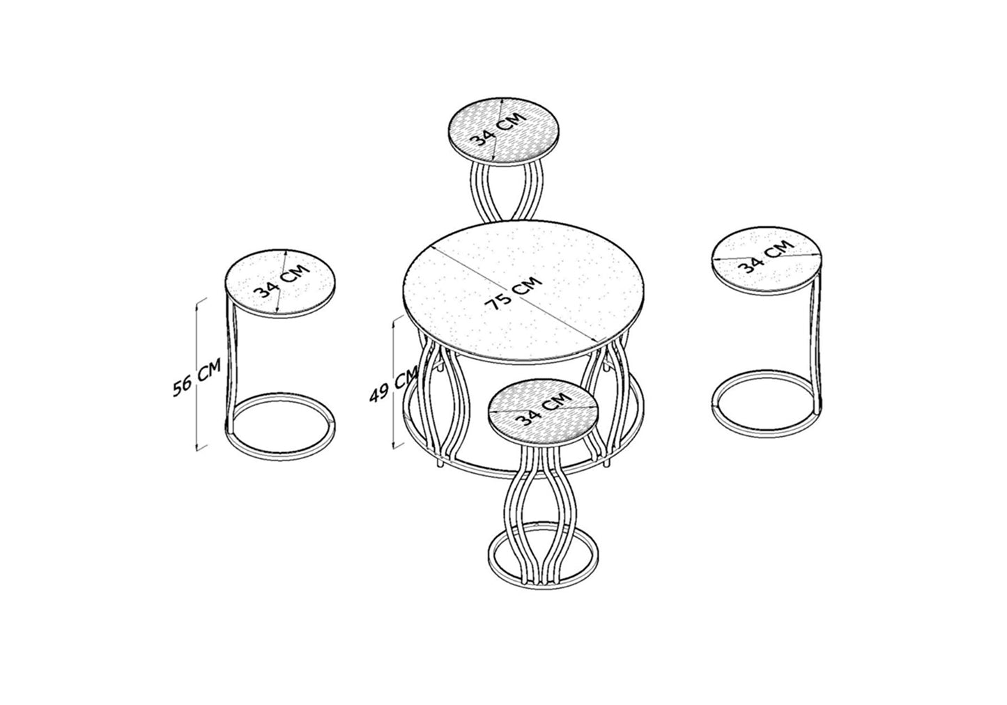 Table basse ronde dorée Şimsek 4 + 1 ÉLÉGANTE