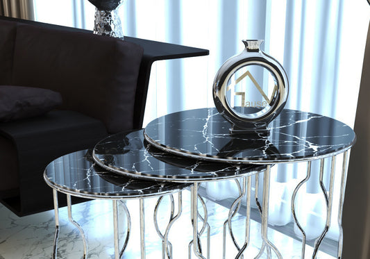 Marbre noir brillant verre incassable Table gigogne en métal argenté MELODİ