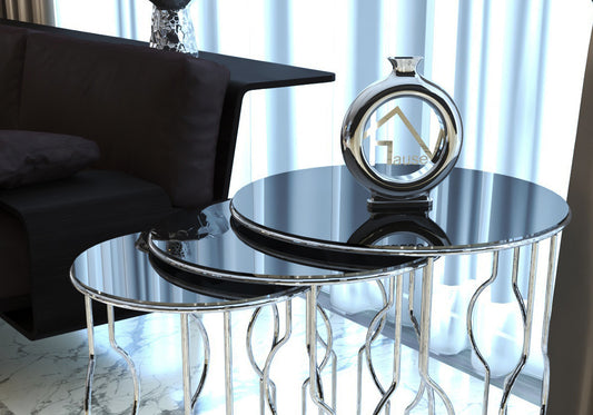 Table gigogne en métal argenté en verre incassable noir brillant MELODİ